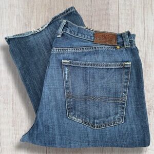 36X32.5 Lucky Brand 367 Vintage Boot Cut Distressed Whiskered Blue Jeans GUC